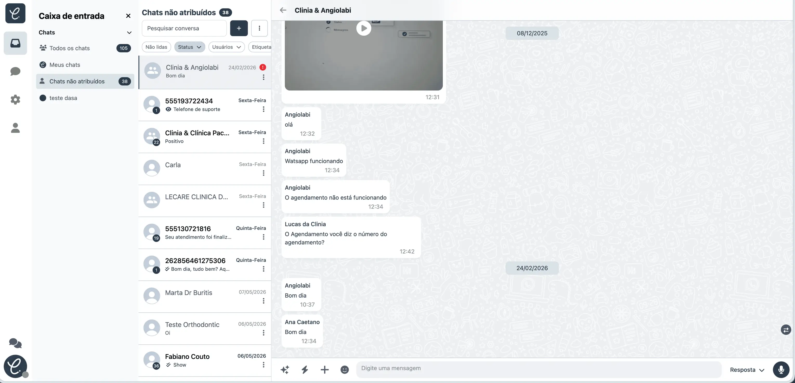 Versão 1 da Clinia, tela de inbox