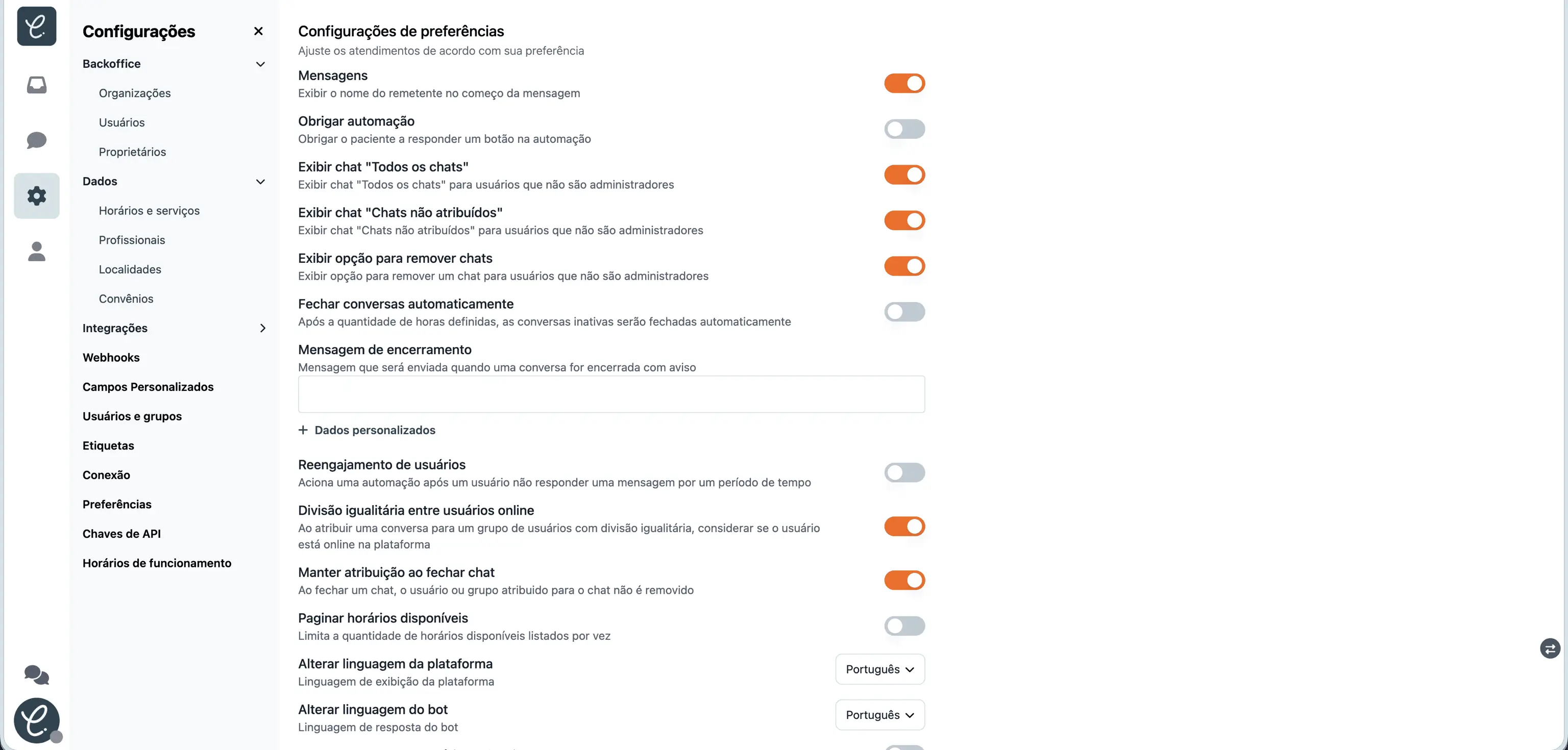 Versão 1 da Clinia, tela de configurações