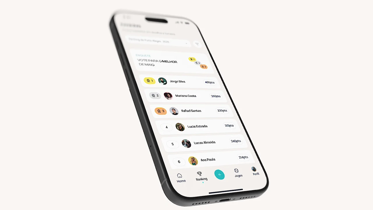 Mockup do aplicativo Velloo mostrando o ranking de jogadores
