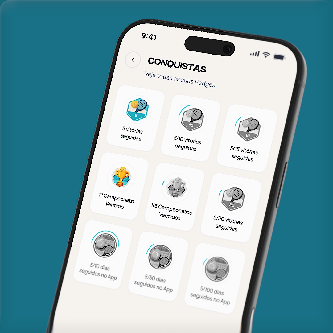 Mockup da tela de conquistas e badges da Velloo sobre fundo azul